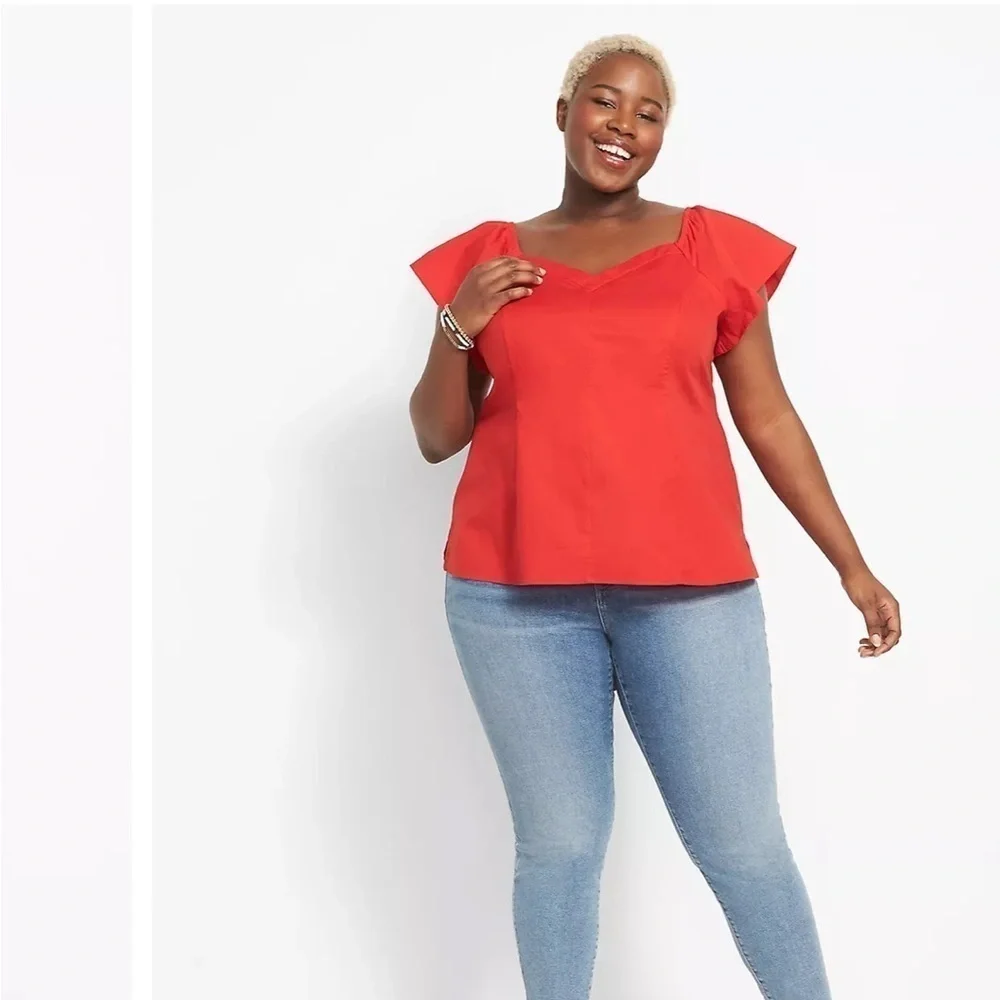 Lane Bryant Short Sleeve Fitted Wide V-Neck Blouse Red Plus Size 18